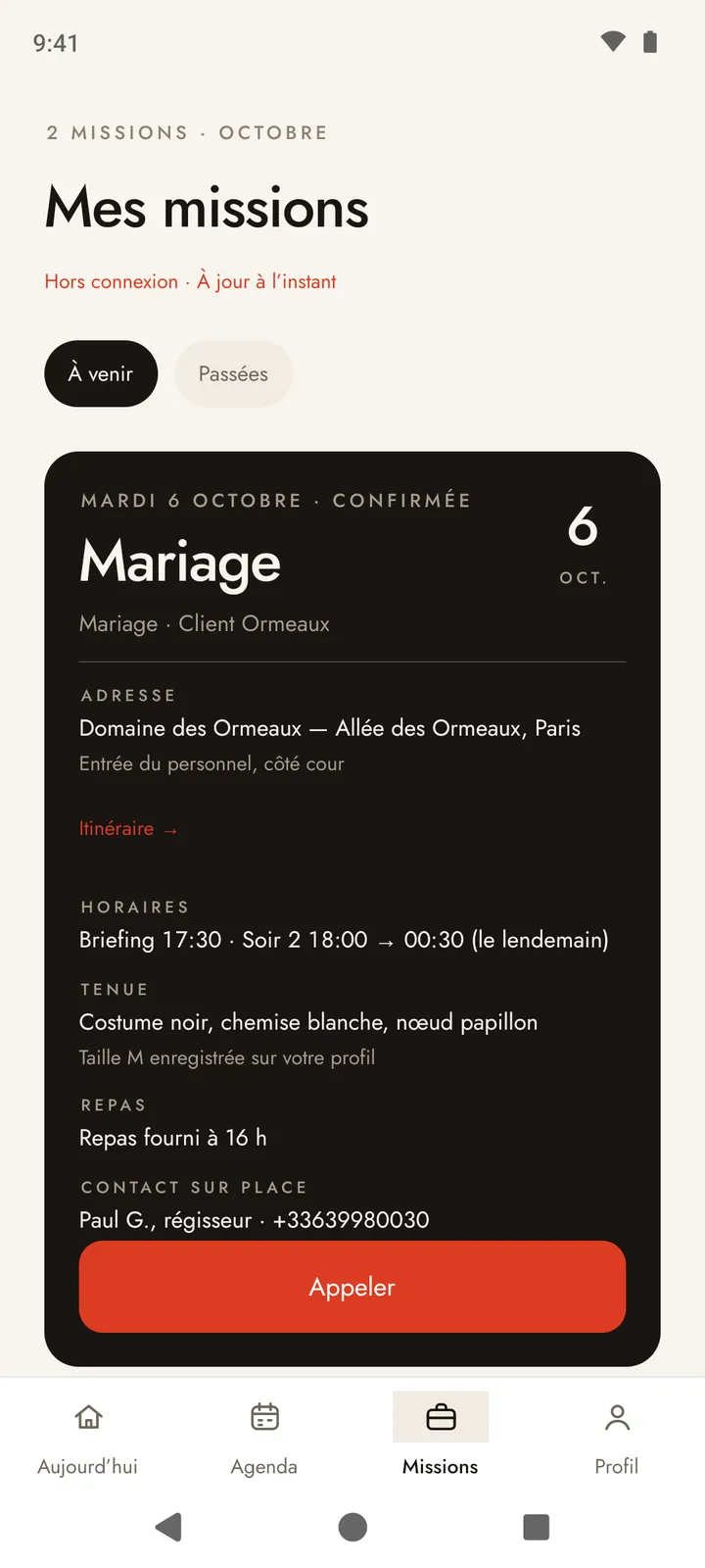 Écran Mes missions affiché hors connexion : la prochaine mission avec son adresse, ses horaires, la tenue et le contact sur place, et l’heure de la dernière mise à jour.