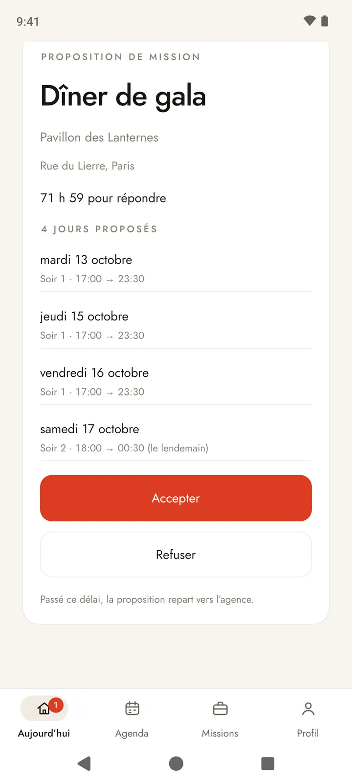 Écran d’une proposition de mission : le délai restant pour répondre, quatre jours proposés dont un service qui se termine le lendemain, et les boutons Accepter et Refuser.